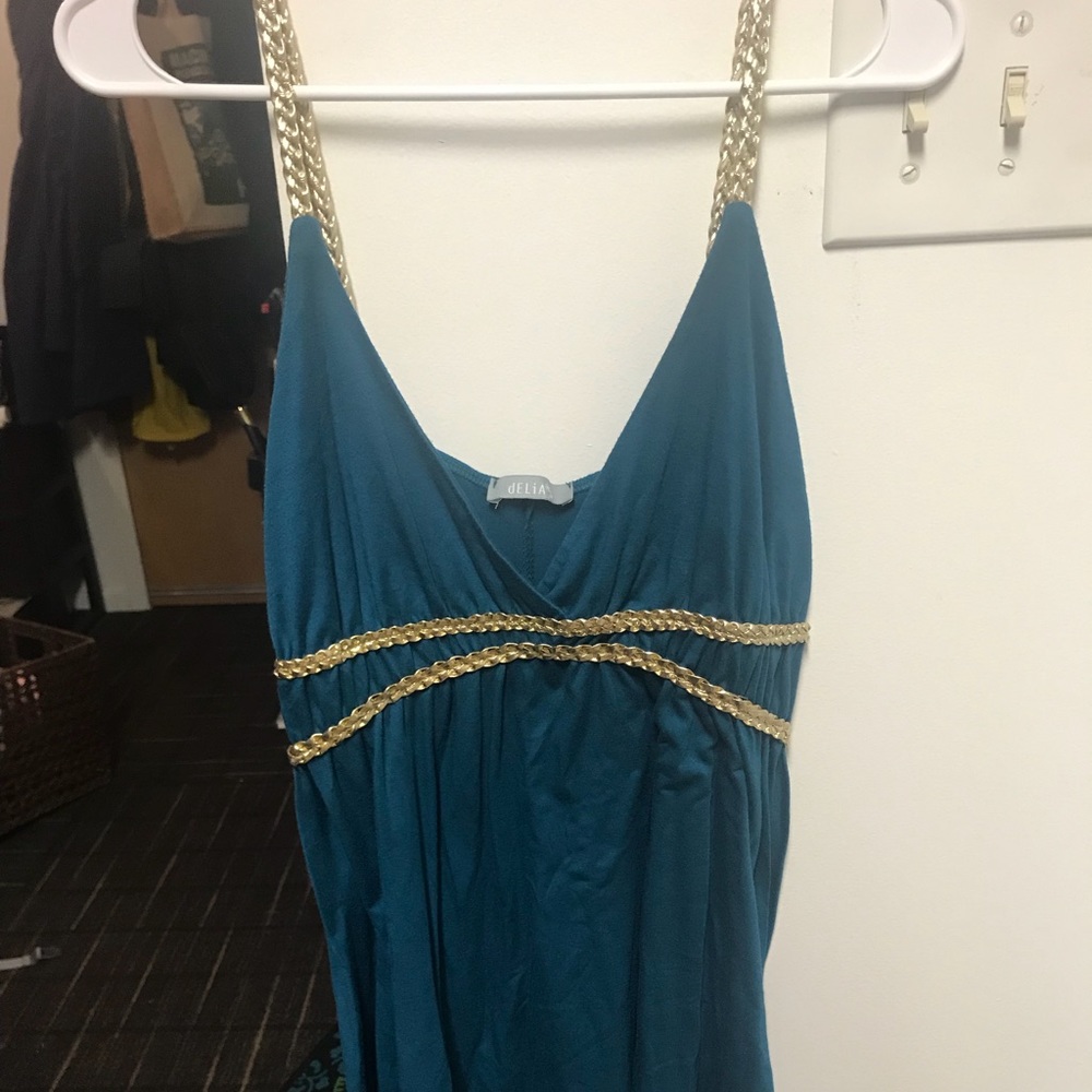 Greek style dress teal with gold braided straps